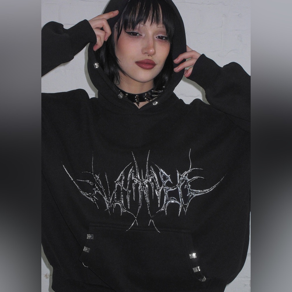 SOLD! Named Collective Destroy Chrome Pierced Pullover Hoodie Black Silver XS - Picture 5 of 9